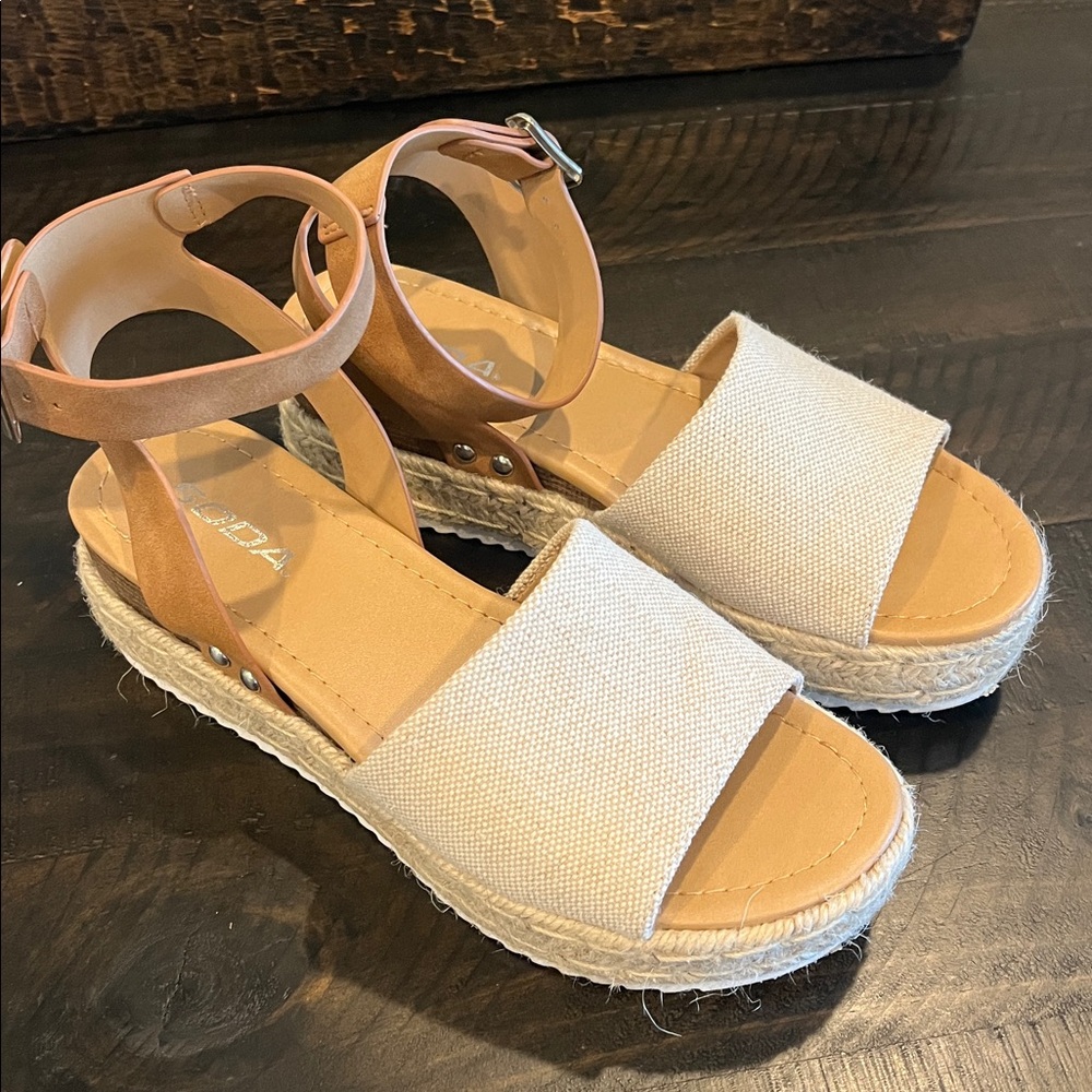 Tan and Cream Espadrille Sandals with ankle straps
